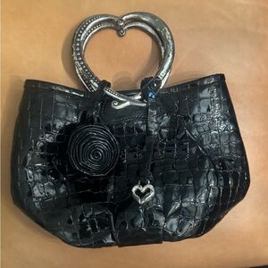 Brighton Cher Heart Handle Satchel Black Patent Croc Embossed Bag